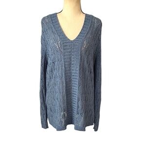 Coldwater Creek Blue V-Neck Crochet Knit Hooded Sweater Boho Casual Relaxed Fit
